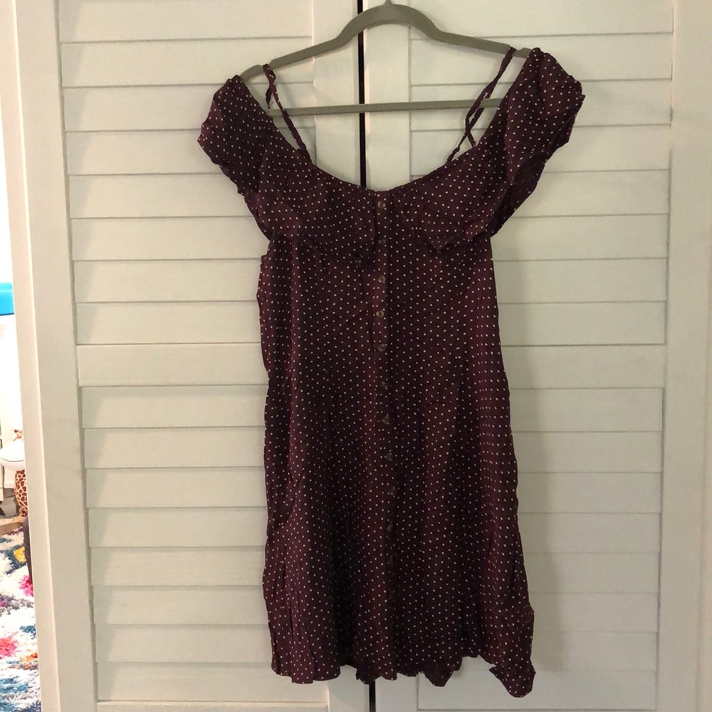 BURGUNDY POLKA DOT MINI DRESS STRAPPY BUTTON UP